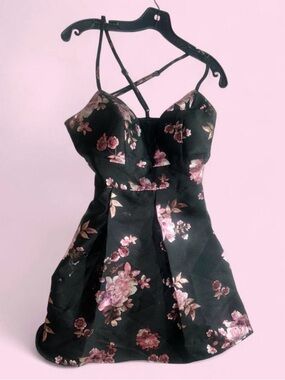 Speechless Black Mini Dress with Pink Floral Print and Strappy Back